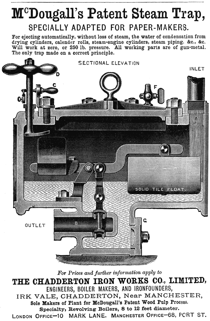 McDougall’s Patent Steam Trap, SPECIALLY ADAPTED FOR PAPER-MAKERS. For ejecting automatically, without loss of steam, the water of condensation from drying cylinders, calender rolls, steam-engine cylinders, steam piping, &c., &c. Will work at zero, or 250 lb. pressure. All working parts are of gun-metal. The only trap made on a correct principle. For Prices and further information apply to THE CHADDERTON IRON WORKS CO., LIMITED, ENGINEERS, BOILER MAKERS, AND IRONFOUNDERS, IRK VALE, CHADDERTON, Near MANCHESTER, Sole Makers of Plant for McDougall’s Patent Wood Pulp Process. Specialty, Revolving Boilers, 8 to 12 feet diameter. LONDON OFFICE—10 MARK LANE. MANCHESTER OFFICE—68, PORT ST.