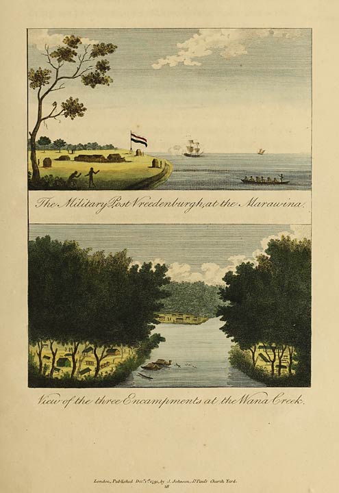 The Military Post Vreedenburgh, at the Marawina. View of the three Encampments at the Wana Creek.
