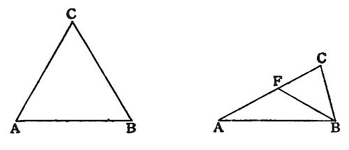 Two triangles sharing base AB — left shows equilateral-looking triangle ABC with apex C high above; right shows a flat, acute triangle ABC with internal point F, illustrating how apex position and angle affect triangle geometry.