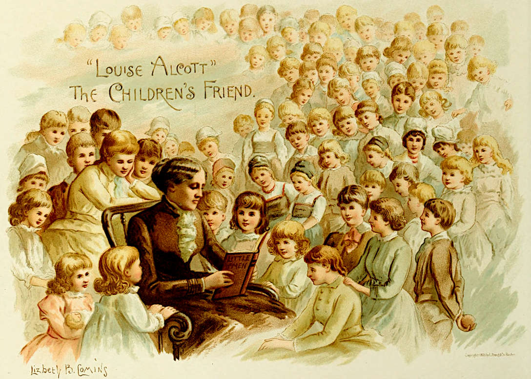 A painting of Alcott reading Little Women, surrounded by dozens of children