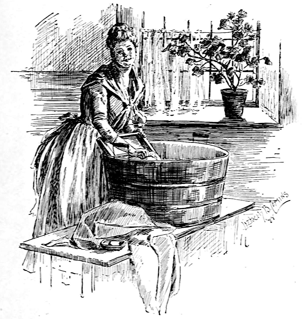 Image of a smiling young woman washing clothes in a cheerful room, using a scrubboard