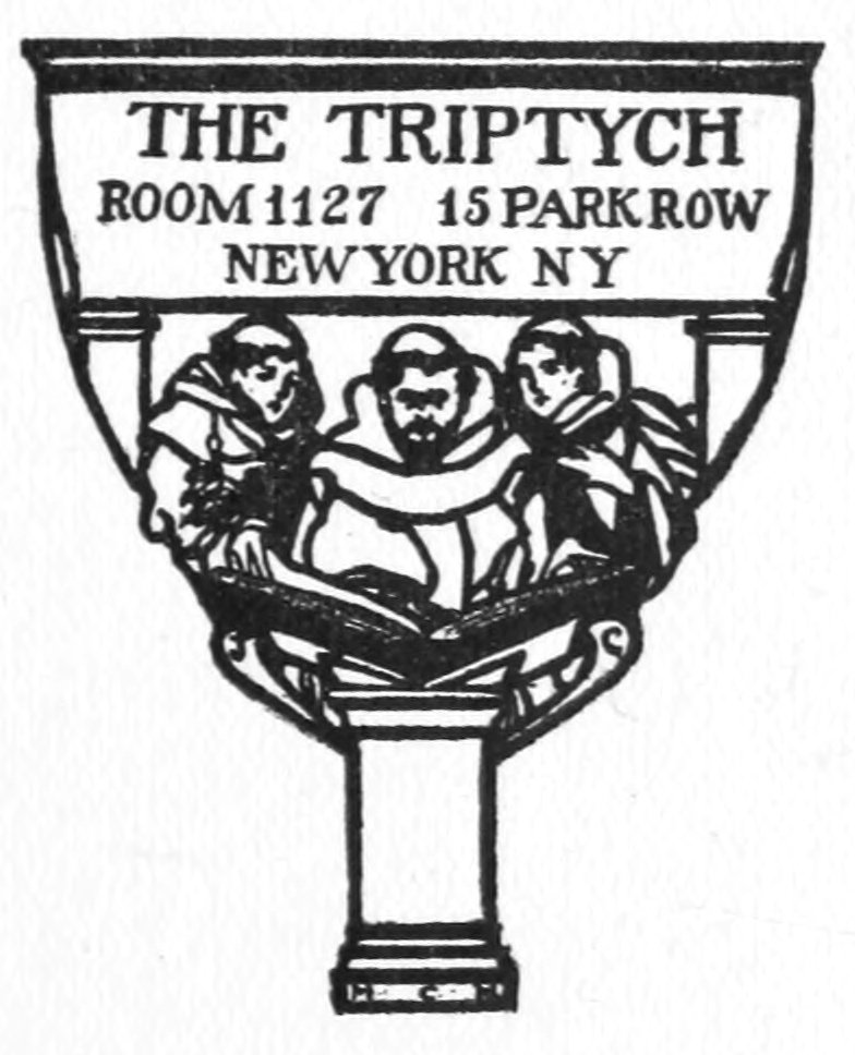 Sketch of a chalice. The caption is around the top border. At the base of the chalice, three monks examine a book.