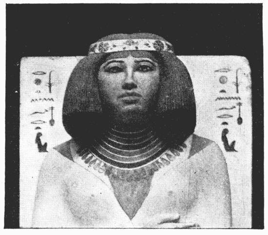 STATUE OF PRINCE RAHOTEP'S WIFE
Gizeh Museum.—Discovered in 1870 in a tomb near Meydoom.—According to
the chronological table of Mariette, it is 5800 years old.—From a
photograph by Sebah, Cairo. STATUE OF PRINCE RAHOTEP'S WIFE
Gizeh Museum.—Discovered in 1870 in a tomb near Meydoom.—According to
the chronological table of Mariette, it is 5800 years old.—From a
photograph by Sebah, Cairo.