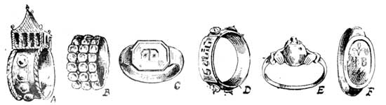A, JEWISH WEDDING RING, GERMAN, 17TH CENTURY; B, MODERN
ITALIAN; C, ITALIAN, 14TH CENTURY; D, VENETIAN, 16TH CENTURY; E,
ENGLISH, 1706; F, ENGLISH BRONZE BETROTHAL RING, 17TH CENTURY.