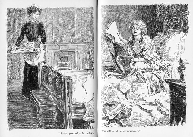 "Strelsa, propped on her pillows, was still intent on her
newspapers."
